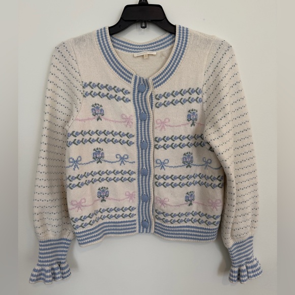 LoveShackFancy Sweaters - LoveShackFancy Keoni Cardigan in Blue Bells Flare Sleeved Sweater